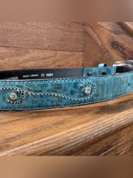 Western Belt Teal Leather, Silver Buckle White/Black Stitching & Gemstones Sz XS main image 4